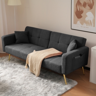 Sofa H 72 x T 64 x B 175 cm – Lammwoll-/Sherpa-Bezug, vergoldete Beine, verstellbare Rückenlehne (Schlaffunktion)