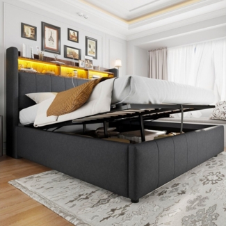 Merax Polsterbett mit LED-Beleuchtung und USB-Ladefunktion (1-tlg, Stauraumbett aus Leinen), Hydraulische Doppelbett 160x200cm mit Stauraum & Regalen im Kopfteil