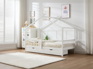 Vente-unique - Bett in Hausoptik mit Schubladen - 90 x 190 cm - Kiefer & MDF - Weiß - KIRALIO