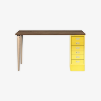MultiDesk, 2 Eichenfüße, 1 MultiDrawer mit 6 Schüben, Dekor Nussbaum, Farbe Zinkgelb, Maße: H 740 x B 1400 x T 600 mm