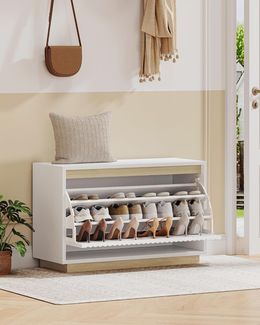 Schuhbank mit Sitzfläche, Schuhschrank mit Kippen, Platzsparend Schuhregal, 12Fächer, Herausnehmbare Regale, Wohnzimmer, Flur, Eingang, 30 x 75 x 53 cm, Weiß