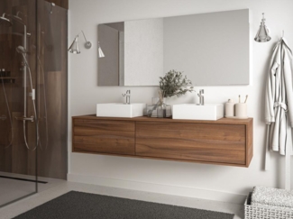 Vente-unique - Waschbeckenunterschrank hängend mit Doppelwaschbecken - Holzfarben dunkel - L150 cm - ISAURE II