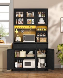 Küchenschrank, Buffetschrank, Hochschrank mit Steckdosen und Led-Lichtleisten, mit Arbeitsplatten und Zwei Schubladen, Verstellbare Einlegeböden, Küche, 40 x 100 x 180 cm, Schwarz