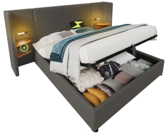 Polsterbett 180x200 cm mit hydraulischem Bettkasten, Leinenbezug in Grau, integrierter Leselampe und USB/Type-C-Ladefunktion