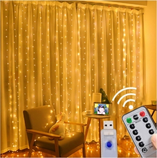 Senmudi LED-Lichtervorhang Lichtervorhang,3x3m Lichterketten Vorhang Lichterkettenvorhang 8 Modi, 300leds,USB Lichterketten mit Haken für Party,Schlafzimmer, Hochzeit