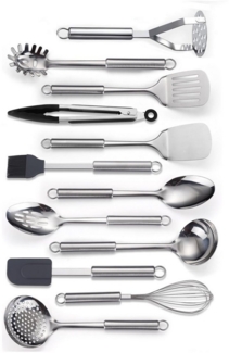 SURFOU Kochbesteck-Set Küchenhelfer Küchenutensilien 12 Stück Edelstahl Silikon Küchenset (Spiegelpolitur, Rostfrei & Spülmaschinenfest, 12-tlg, mit Aufhängeösen, Professionelles Küchengeschirr, Kochzubehör), edelstahl, spülmaschinenfest