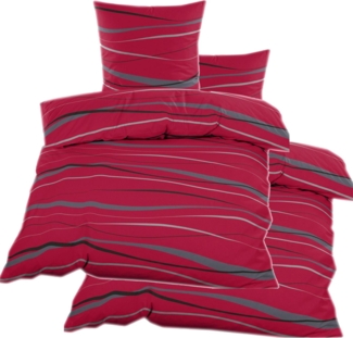 KH-Haushaltshandel Bettwäsche 4-tlg. Biber Winter Bettwäsche 2x(135x200 + 80x80 cm), Wellen, Biber, 4 teilig, rot grau schwarz, flauschig weich, warm, Baumwoll Mischgewebe