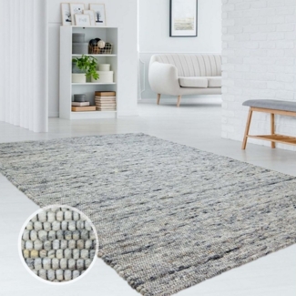 TaraCarpet Wollteppich TaraCarpet Handweb Erfenstein, rechteckig, Höhe: 13 mm, Schurwollteppich grau gewalkt Wohnzimmer Schlaf- Esszimmer 070x130