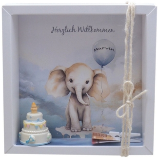 ZauberDeko Geschenkbox Taufe Geldgeschenk Verpackung MIT NAMEN Elefant Blau Geburt