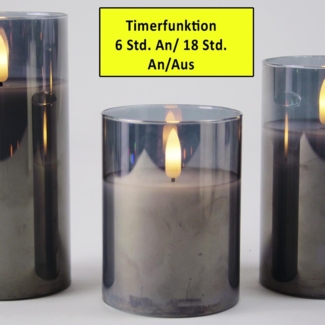 FHS Wachskerzen 3D-Flackern 3-teilig weiß, Glas rauchgrau 6/18 A/A