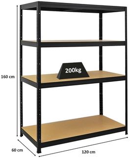 PROREGAL Schwerlastregal Big Elephant | HxBxT 160 x 120 x 60 cm | Fachlast 200kg | Schwarz | Kellerregal, Steckregal, Garagenregal, Lagerregal