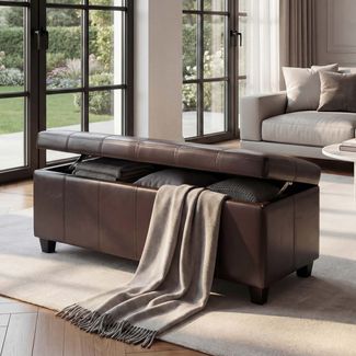 Aufbewahrungs-Truhe Sitzbank Kriens, Leder + Kunstleder, 112x45x45cm MVG-zertifiziert ~ braun