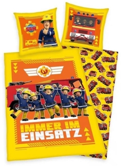 Herding Wendebettwäsche Feuerwehrmann Sam Bettwäsche mit Leuchteffekt, Baumwolle, 2 teilig, 135x200 cm Bettbezug 80x80 cm Kissenbezug