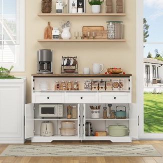 MODFU Sideboard Buffet-Schrank,mit Stauraum (Buffet-Anrichte 140 cm im Landhausstil mit 3 Schubladen & Türen – Kaffeebar mit Stauraum, verstellbaren Einlegeböden), Kaffeebar mit 3 Schubladen