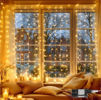 LMaxhome LED-Lichtervorhang 3Mx3M Fenster Weihnachtsfeier Innen Deko Lichterketten mit Timer 8Modi, 300-flammig Stränge Gardinen Lichter Schlafzimmer Hochzeit