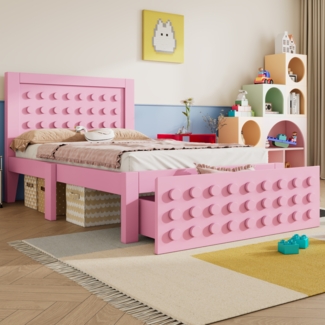 Bett 90x200 cm mit Stauraum und Schublade – kreatives Blockdesign in Rosa