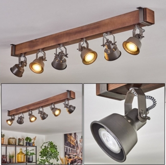 hofstein Deckenleuchte Deckenlampe aus Metall/Holz in Grau/Dunkelbraun, ohne Leuchtmittel, Deckenleuchte im Industrial/Retro/Vintage-Design m. Holzbalken, 6xGU10
