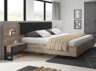 Vente-unique - Bett mit Nachttischen + Lattenrost + Matratze - 160 x 200 cm - Mit LED-Beleuchtung - Holzfarben & Anthrazit - LAONILE
