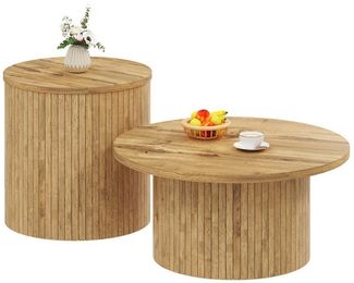 KLAM HOME Couchtisch Runder Couchtisch Set Mit Naturholzoptik Aus MDF (Doppeltes Tisch Design Für Vielseitige Nutzung), Moderner Beistelltisch Im Skandinavischen Stil