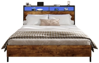 MSMASK Bett Bett mit LED Beleuchtung, Metallbett mit Steckdose, Braun, mit USB-Ladefunktion