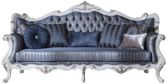 Casa Padrino Luxus Barock Wohnzimmer Sofa mit dekorativen Kissen Blau / Weiß / Silber 240x90 x H. 120 cm