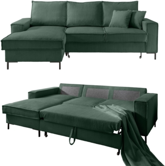 ECKSOFA mit Schlaffunktion, Bettkasten, Wellenunterfederung, Récamiere links B240/T150/H92 cm, Liegefl. 125x198 cm, Cord Grün
