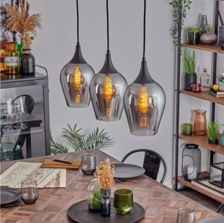 hofstein Hängeleuchte Hängelampe aus Metall/Glas in Schwarz/Rauchfarben, ohne Leuchtmittel, verstellbare Pendelleuchte im Vintage/Retro-Design (18 cm), 3 x E27