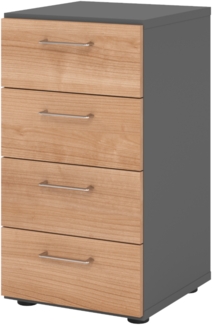 bümö smart Schubladenschrank, Büroschrank in Graphit/Nussbaum mit 4 Schüben - Bürocontainer aus Holz, Container mit Metallgriffen & Soft-Stop Schubladen, 924S4-G-N-BS