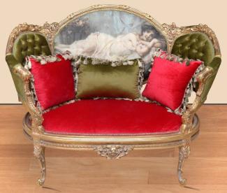 Casa Padrino Barock Sofa Grün / Rot / Mehrfarbig / Gold - Handgefertigtes Wohnzimmer Sofa im Barockstil - Prunkvolle Barock Wohnzimmer Möbel