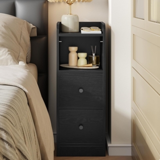 Nachttisch Schmal, Beistelltisch mit 2 Schubladen, Nachttische mit Offenem Fach, Verstellbare Schubladenposition für Schlafzimmer, Wohnzimmer, 30 x 24 x 65 cm Schwarz