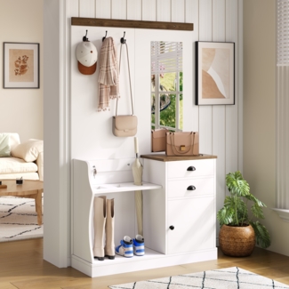 Garderobe 110.5 x 38 x 191 cm mit Spiegel, Schubladen und Schirmhalter, Holz und Weiß