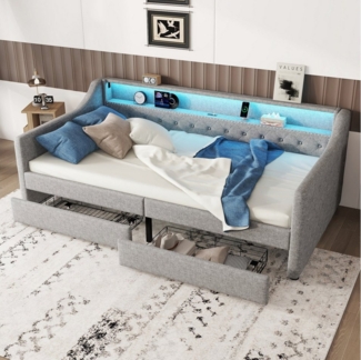 Ulife Schlafsofa Leinen Tagesbett mit Led-Beleuchtung 2 Schublade USB-Ladebuchse, Ohne Matratze 1 Teile, 90*200cm