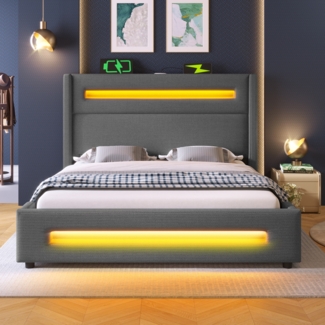 Polsterbett 160x200 cm mit Stauraum, LED-Beleuchtung und USB- und Type-C-Anschlüssen