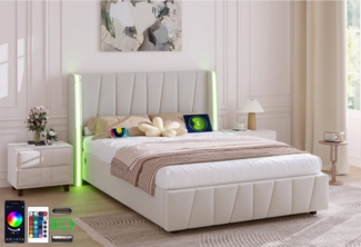 LVHOM Boxbett 140x200cm/160x200cm Trapez-Muster, Einzigartigen Design Bettgestell (Integriertes Hydrauliksystem, LED-Leuchten in 16 Farben, Seitlicher USB-Ladeanschluss, Weicher, hautfreundlicher Samtstoff, Stabiler Rahmen, freie Staubschutzhülle für B...