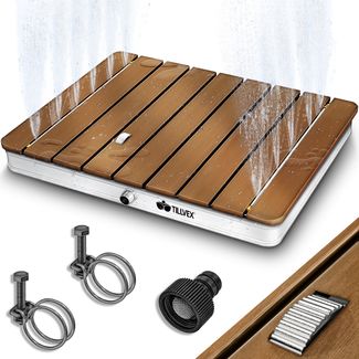 tillvex® Gartendusche eckig outdoor bis 4 m Fontänenhöhe | Bodendusche mit Fußrad | Außendusche rutschfest | Saunadusche wetterfest | Campingdusche aus Aluminium/WPC/Holzoptik