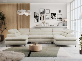 Ecksofa U-Form, mit Bettkasten, Bettfunktion und Einstellbare Kopfstützen, Sofa big XXL - PETER U - Beige Velours