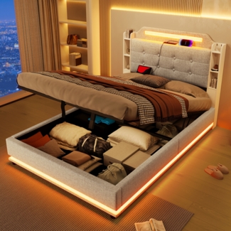 Polsterbett, Mit LED-Lichtleiste, hydraulischer Stauraum, mehrere Ablagefächer, ohne Matratze, USB + TYPE-C, Leinen, Beige, 140 x 200cm