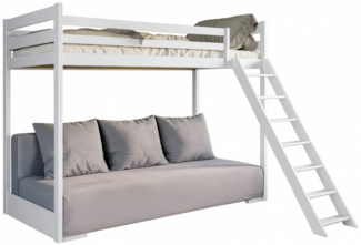 Deine Möbel 24 Etagenbett Jugendbett Couch SIDNEY 90x200/140x200 mit Schlaffunktion (Set, 3-St, Couch in Cord Samt inkl 3 großee Kissen, Weiss Kiefer Natur Grau Beige), Funktionsbett aus Kiefernholz Vollholz inkl. Leiter Lattenrost