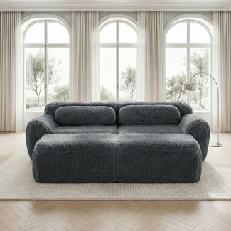 Ecksofa mit modularer Sitzfläche, Plüschbezug, Grau, montagefrei, verbindbarer Ottoman,204*179*73 cm
