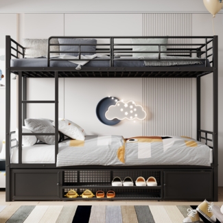 Merax 90x200cm Eisenrahmenbett, Etagenbett, Offener schuhschrank, Doppeltüriger kleiner lagerschrank, Geeignet für Kinder und Jugendliche, mit Seitenleiter, mit Fallschutzgitter, Eisen + MDF, Schwarz