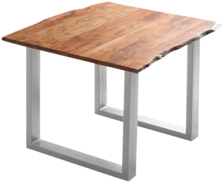 Esszimmer Tisch Industrial Baumtisch massive Akazie Kufengestell nougat 80x80 silber Laurina 526207
