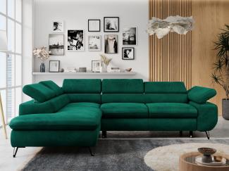 Ecksofa mit Bettfunktion, Modern Sofa, L-form, Einstellbare Kopfstützen, Bettkasten, PETER, 1x Ecksofa, 1x Topper, Dunkelgrün, Velours, links