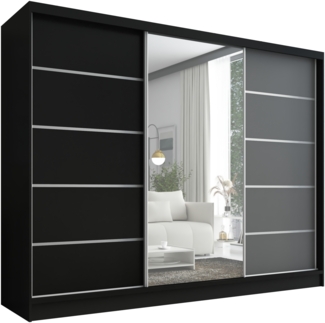 A&J Schwebetürenschrank, 3-türig Schrank 200 cm mit Spiegel AURELIA 1. Farbe: Schwarz, Eiche Kraft gold