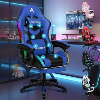 Ergonomischer Gamer Stuhl mit Massagefunktion, Blau, Höhenverstellbar