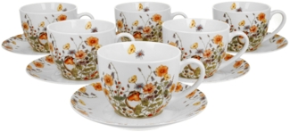 DUO FLORAL 6er-Set Tassen 250 ml WILD BIRD mit Untertassen, New Bone China Porzellan