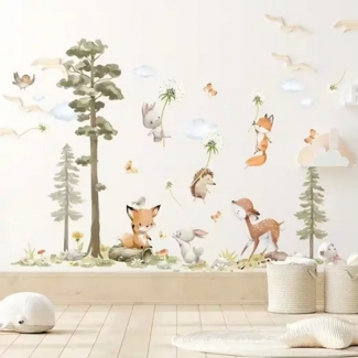 Montegoni Wandsticker Hasen, Fuchs & Hirsch Wandsticker – Großer Baum für Kinderzimmer, High quality material, Realistische & sanfte Farben