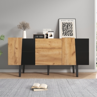 Merax Zeitgenössischer TV-Schrank mit Stauraum für 60"-Fernseher, hölzernes Unterhaltungszentrum mit Massivholzbeinen für TV-Ständer, Sideboards und Medienkonsolen