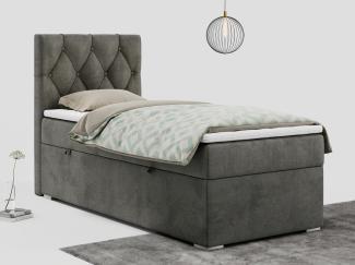 Boxspringbett ALDA, Einzelbett mit gestepptem Kopfteil und einem Bettkasten, 90x200 - Dunkelgrau Velours - links - H3