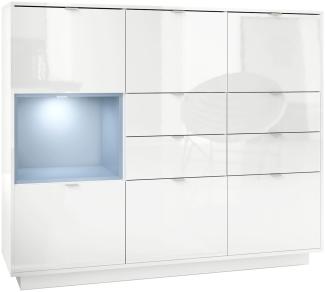 Highboard Sideboard Metro V2, Korpus in Weiß Hochglanz / Fronten in Weiß Hochglanz mit Einsatz in Denim matt, inkl. LED Beleuchtung