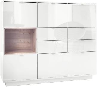 Highboard Sideboard Metro V2, Korpus in Weiß Hochglanz / Fronten in Weiß Hochglanz mit Einsatz in Eiche Nordic